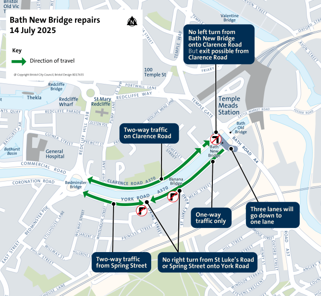 A map showing two of three lanes closed on Bath New Bridge, which is part of the Bath Bridges roundabout heading towards the centre. An arrow points in one direction from Bath New Bridge down York Road towards Bedminster Bridges roundabout. There is a two-way arrow between Spring Street and Bedminster Bridges roundabout. There is also no right turn into Clarence Road, but the road remains two-way and can be exited via Bath Bridges roundabout.