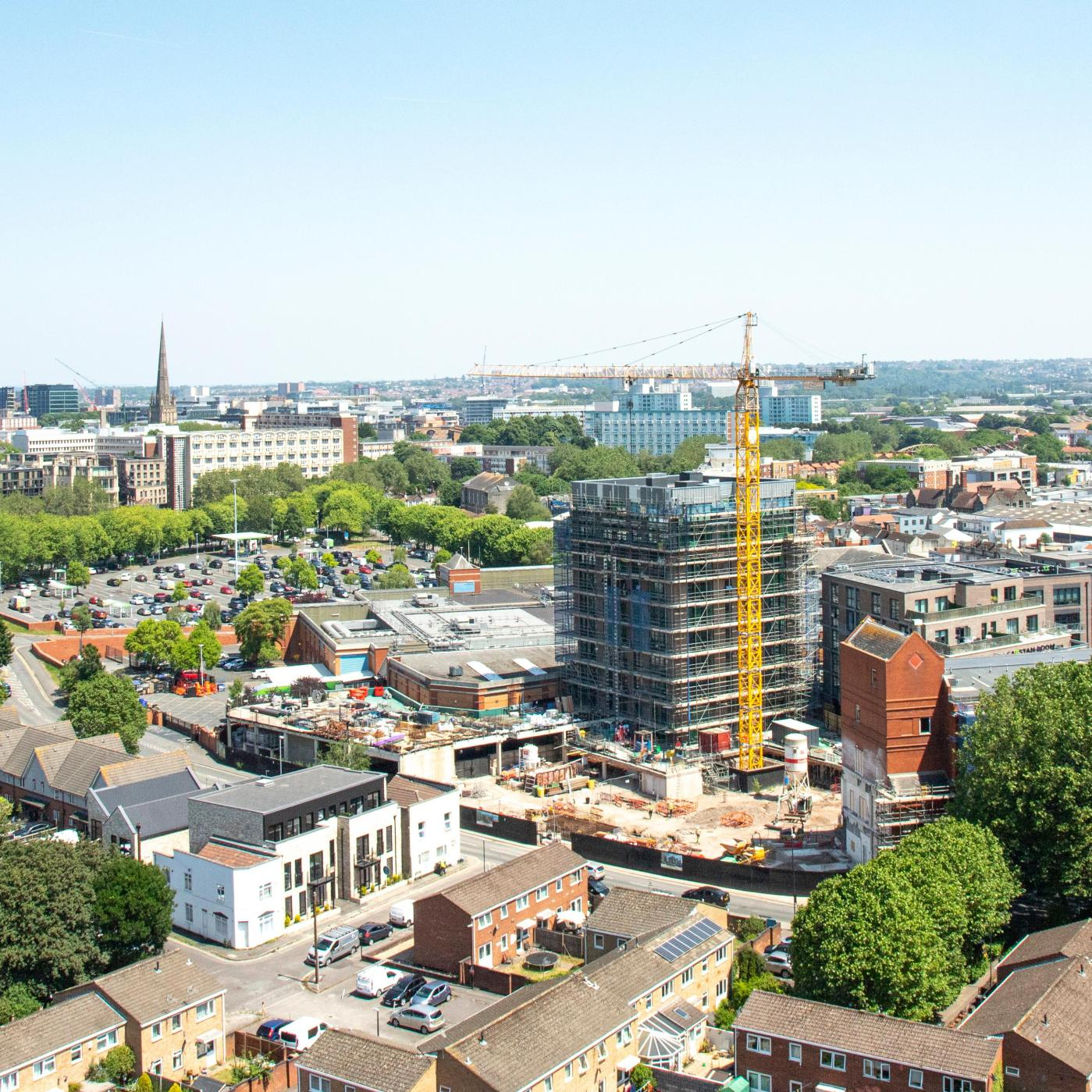 A cityscape view of Bristol with lots of high rise buildings