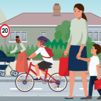 Illustration of people walking and cycling along a residential street with a 20 mph speed limit sign.