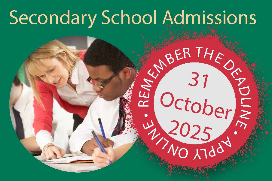 A secondary school pupil and teacher look at some work together. Text next to them reads 'Apply online by 31 October 2025'
