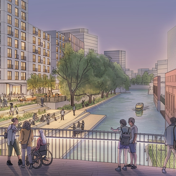 Illustrative eye-level view of the District Centre along the Feeder Canal.