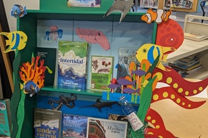 Children's books in a library.